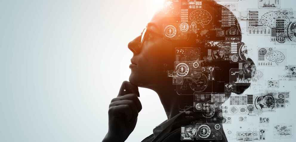 Illustration of a woman thinking with digital artifacts on top of her image