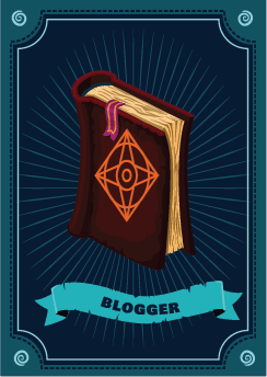 A book set on a blue background with the text "Blogger" appearing in a ribbon at the bottom. link to full res