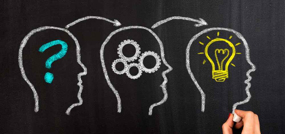 Drawing of heads and brainstorming on a chalkboard