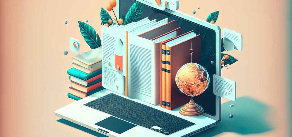 Illustration of books emerging from a laptop screen