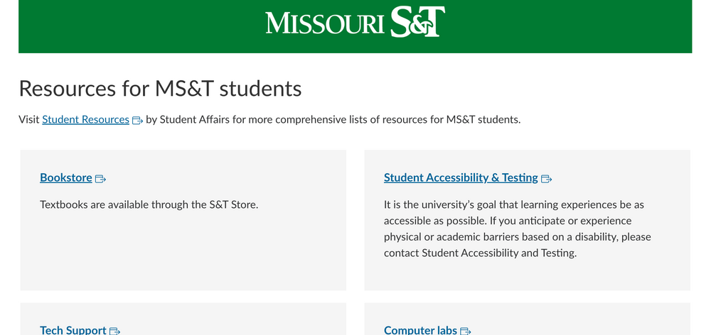 A screenshot of the MS&amp;T Campus Resources for Students