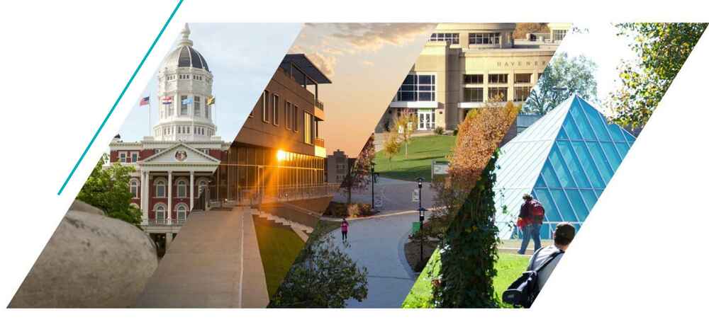 Photo collage of buildings from all four campuses in the University of Missouri System