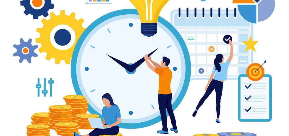 Illustrated figures interacting with time management concepts such as a clock, checklist, and calendar