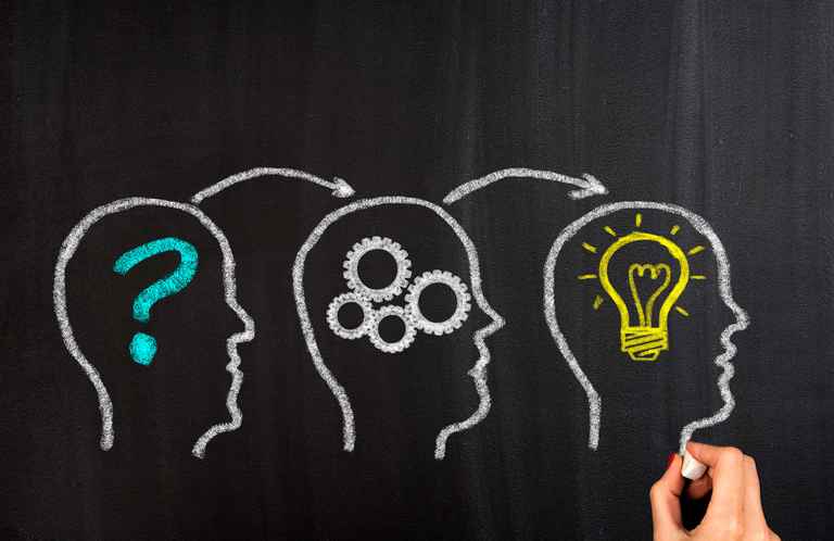 Drawing of heads and brainstorming on a chalkboard