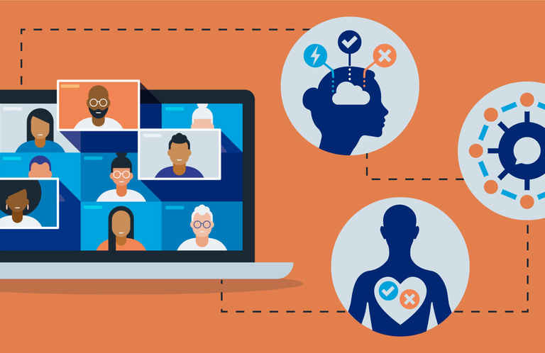 An illustration displaying people meeting virtually