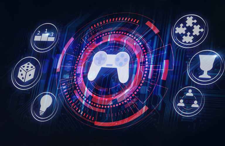 Graphic illustration of a video game controller surrounded by other game pieces such as die and puzzle pieces