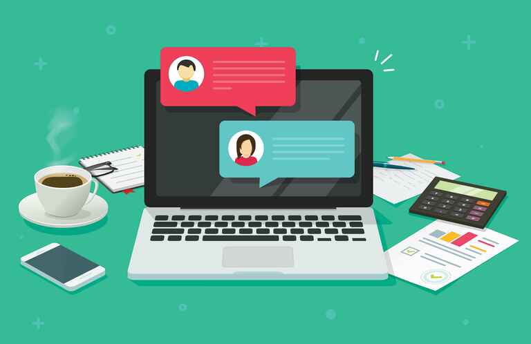 Illustration of chat messages appearing on a laptop screen