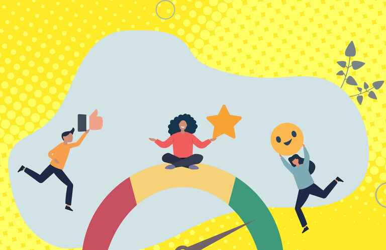 An illustration of people holding smiley faces and a thumbs up icon