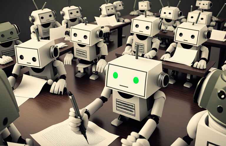 An AI-generated image of robots taking a test