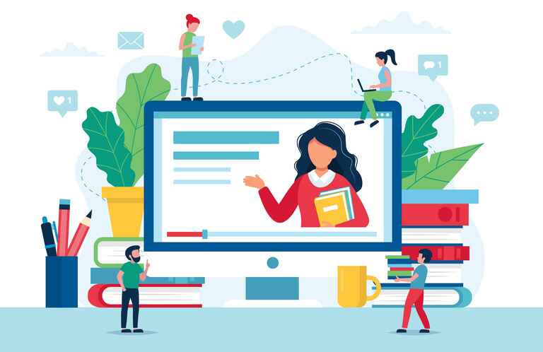 An illustration of people interacting with a large computer screen, books, and digital icons, symbolizing online learning.