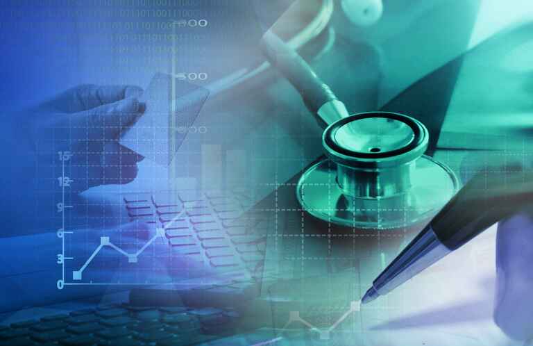 A layered image of digital graphs, a stethoscope, pen, and computer keyboard, symbolizing medical data analysis.