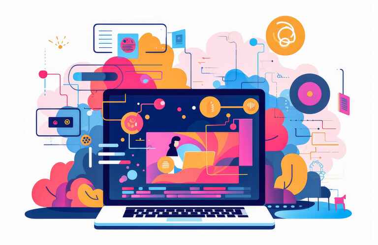 A colorful digital illustration of a laptop with an abstract display and various technology and communication icons interconnected around it.