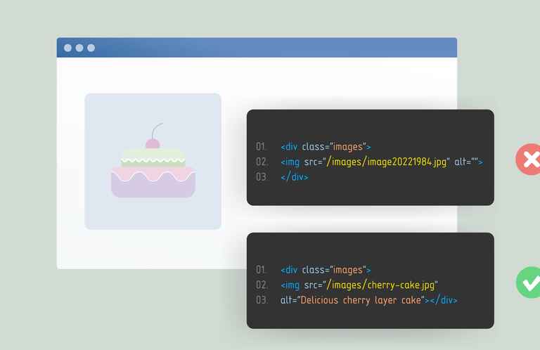 Stylized illustration of a piece of cake with a cherry on top inside a web browser window, alongside HTML code snippets.
