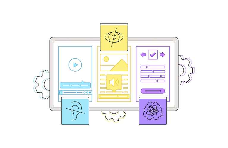 Graphic of a computer interface with various accessibility icons, including audio, visual, and cognitive aids.