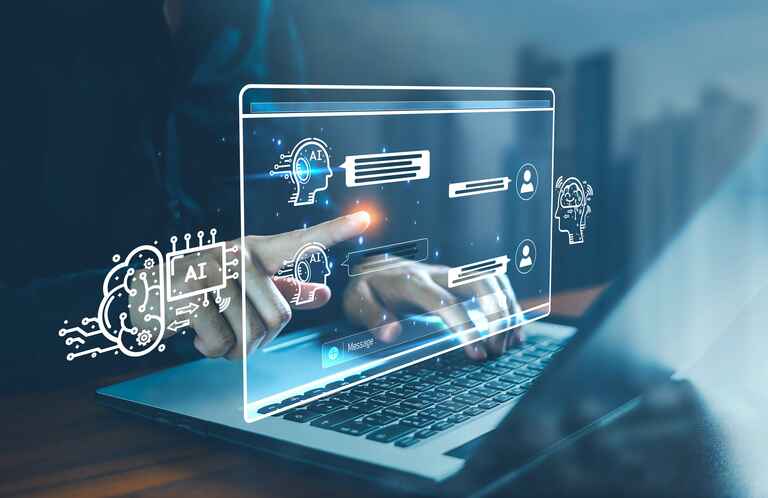 A person using a laptop with a transparent screen displaying AI icons, chat messages, and user profiles, symbolizing artificial intelligence in communication technology.