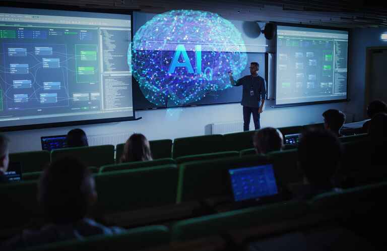 Male Teacher Using Augmented Reality Holographic Brain Visuals to Explain AI Technology