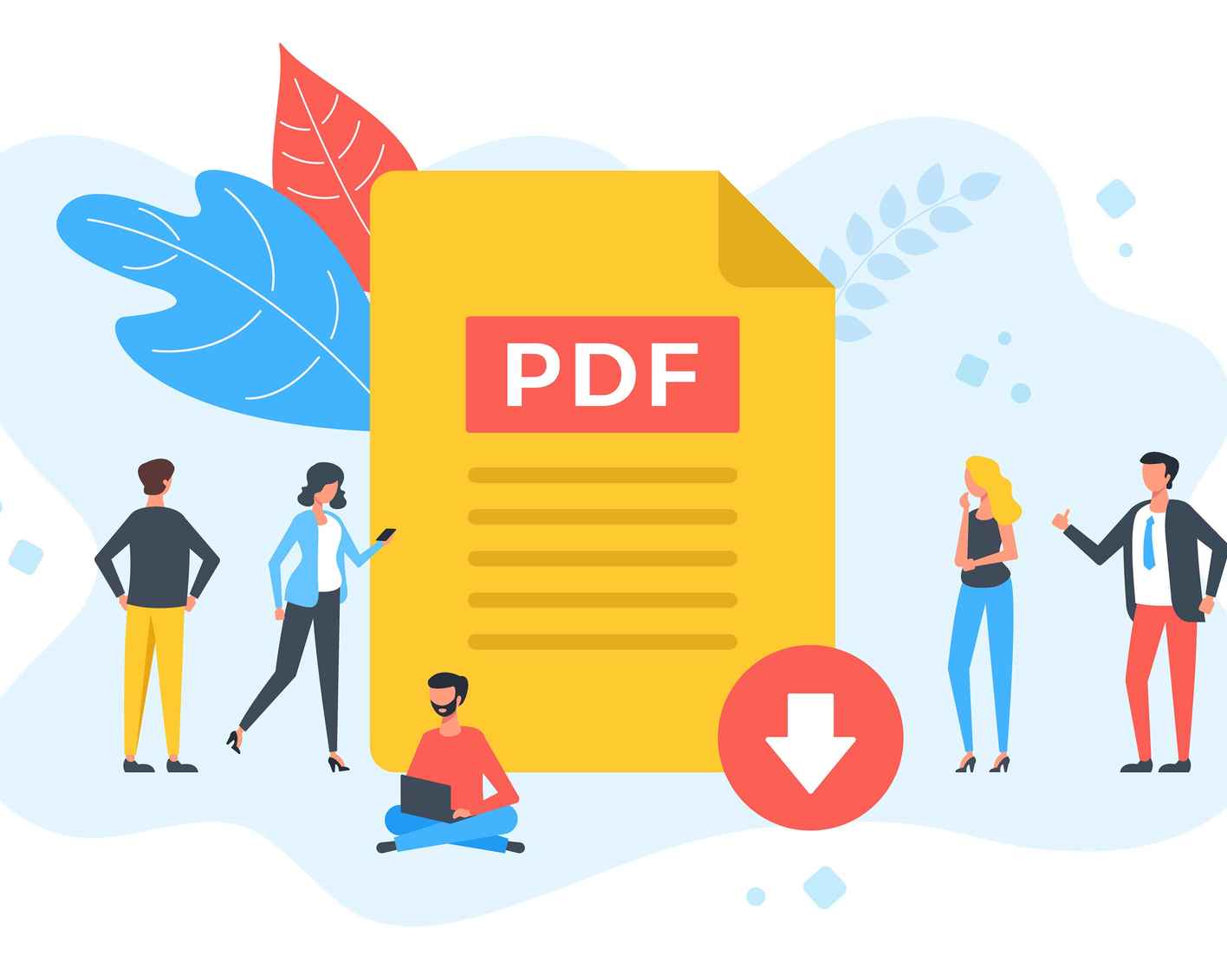 Vector illustration of a group of people with PDF document and download button