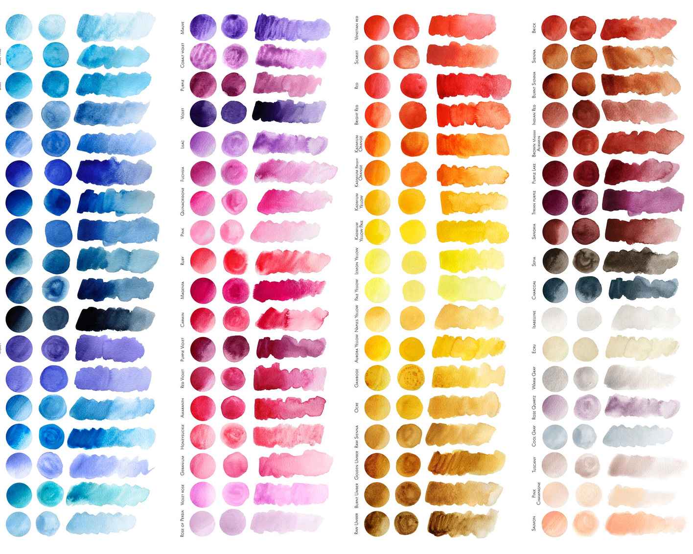 Watercolor color chart with each name in English