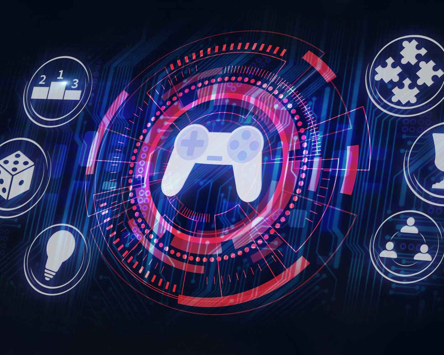 Graphic illustration of a video game controller surrounded by other game pieces such as die and puzzle pieces