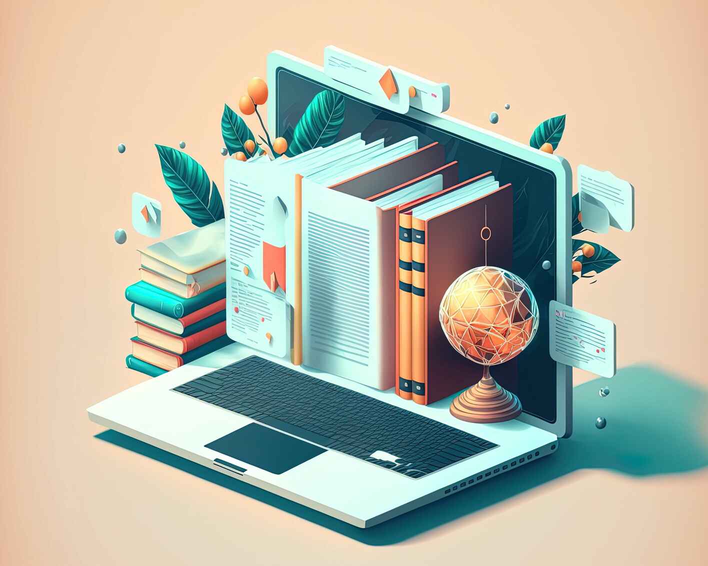 Illustration of books emerging from a laptop screen