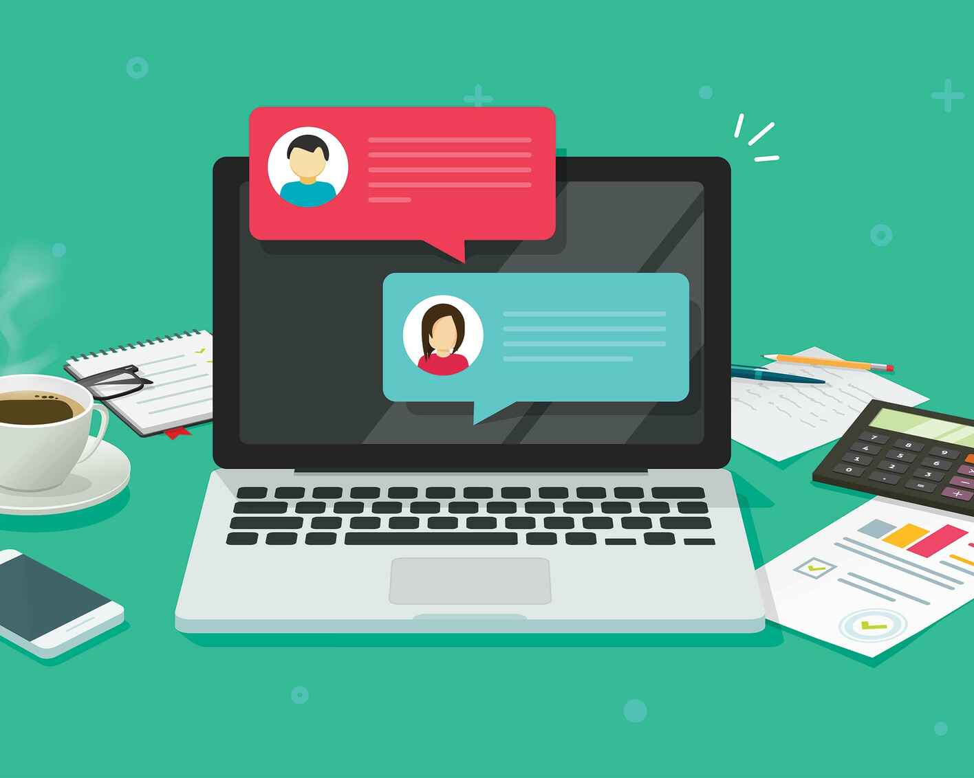 Illustration of chat messages appearing on a laptop screen
