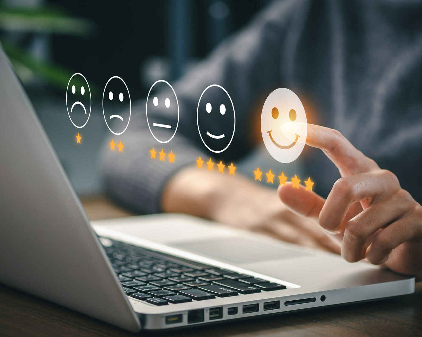 User gives a rating of experience. Choosing a smiling face with 5 stars.