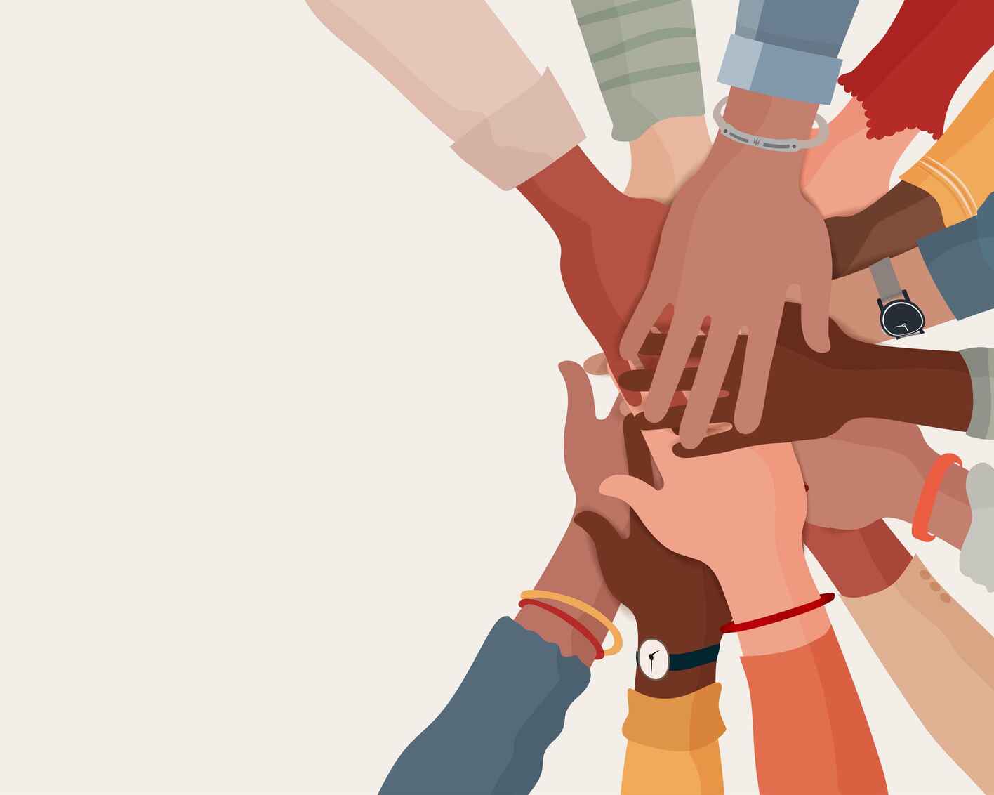 A group of diverse hands coming together in teamwork