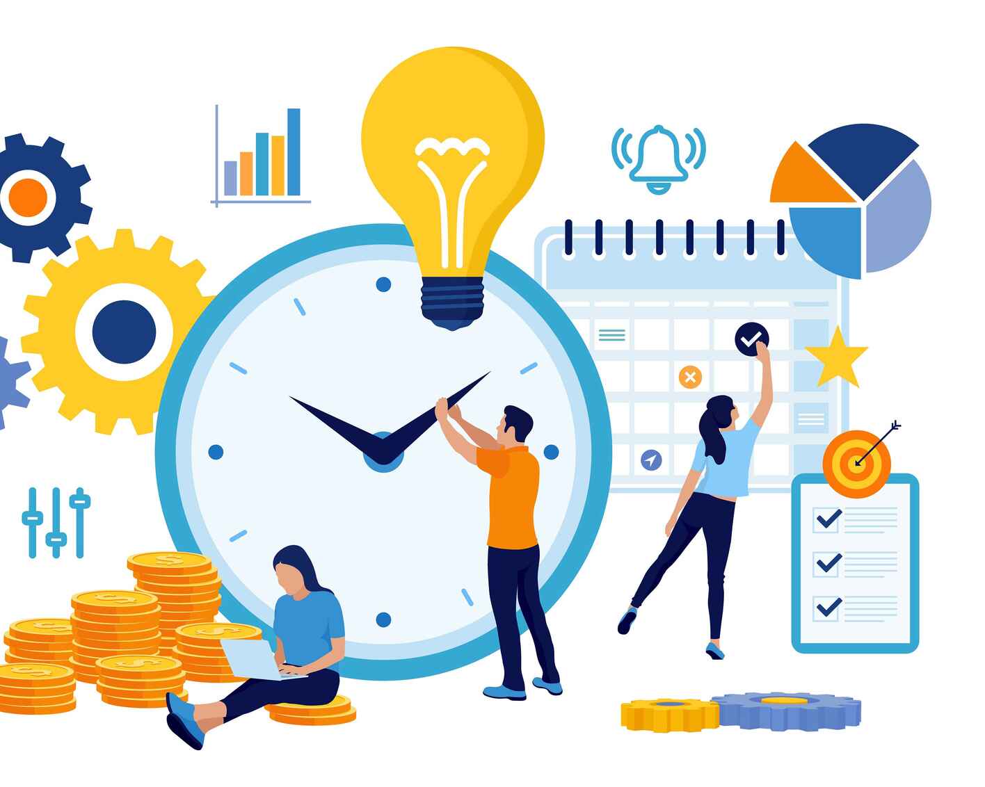 Illustrated figures interacting with time management concepts such as a clock, checklist, and calendar