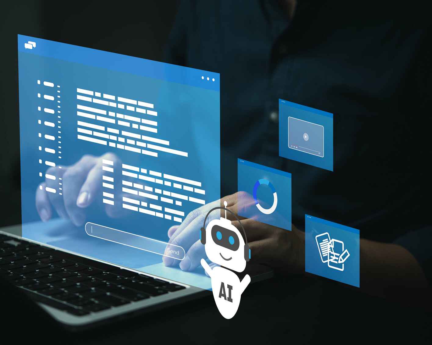 A person typing on a laptop with floating digital interfaces, including text, charts, and a small AI robot icon, symbolizing AI integration in technology.