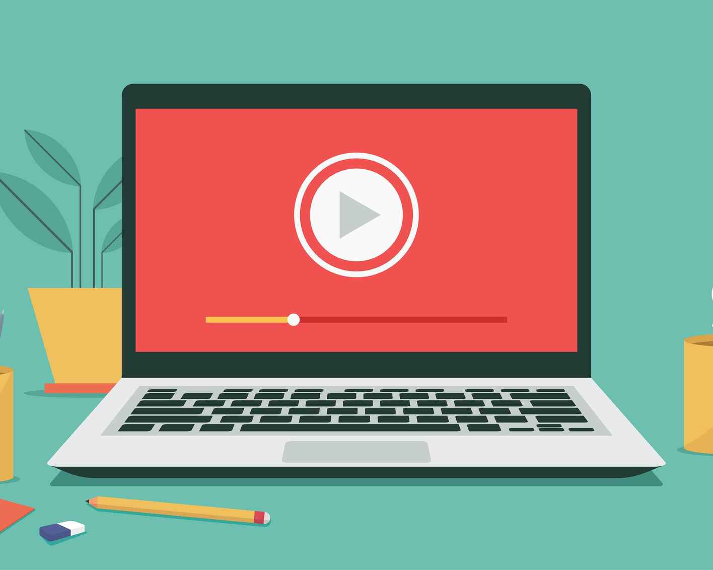 A laptop on a desk displays a video play button. Nearby are a steaming coffee mug, pencils in a cup, eraser, and sticky notes, with a plant in the background.
