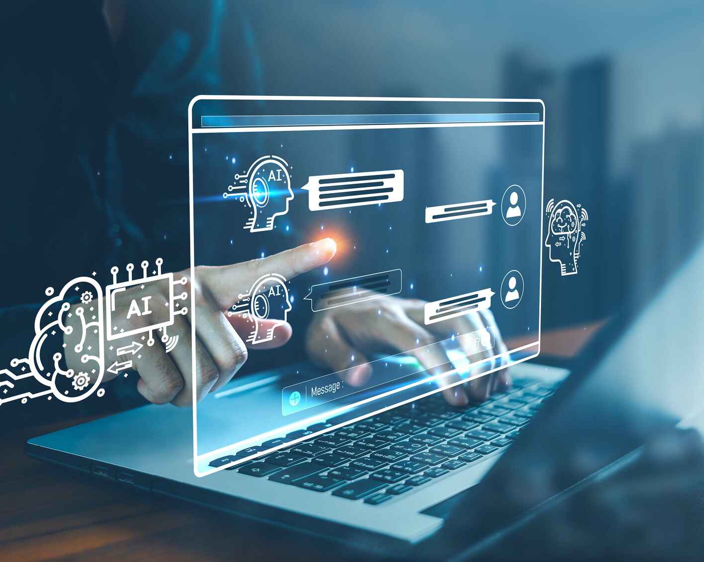 A person using a laptop with a transparent screen displaying AI icons, chat messages, and user profiles, symbolizing artificial intelligence in communication technology.