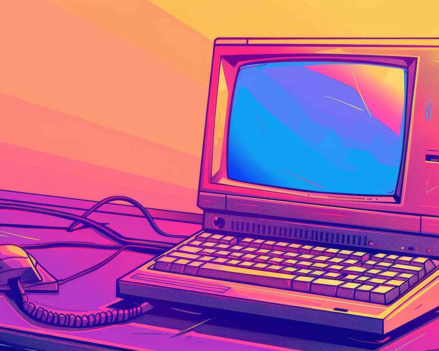 Old computer on a desk in bright colors