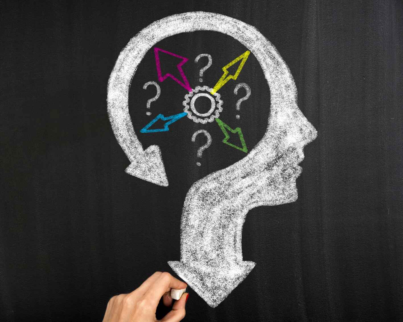 Thoughts and options head with arrows on blackboard