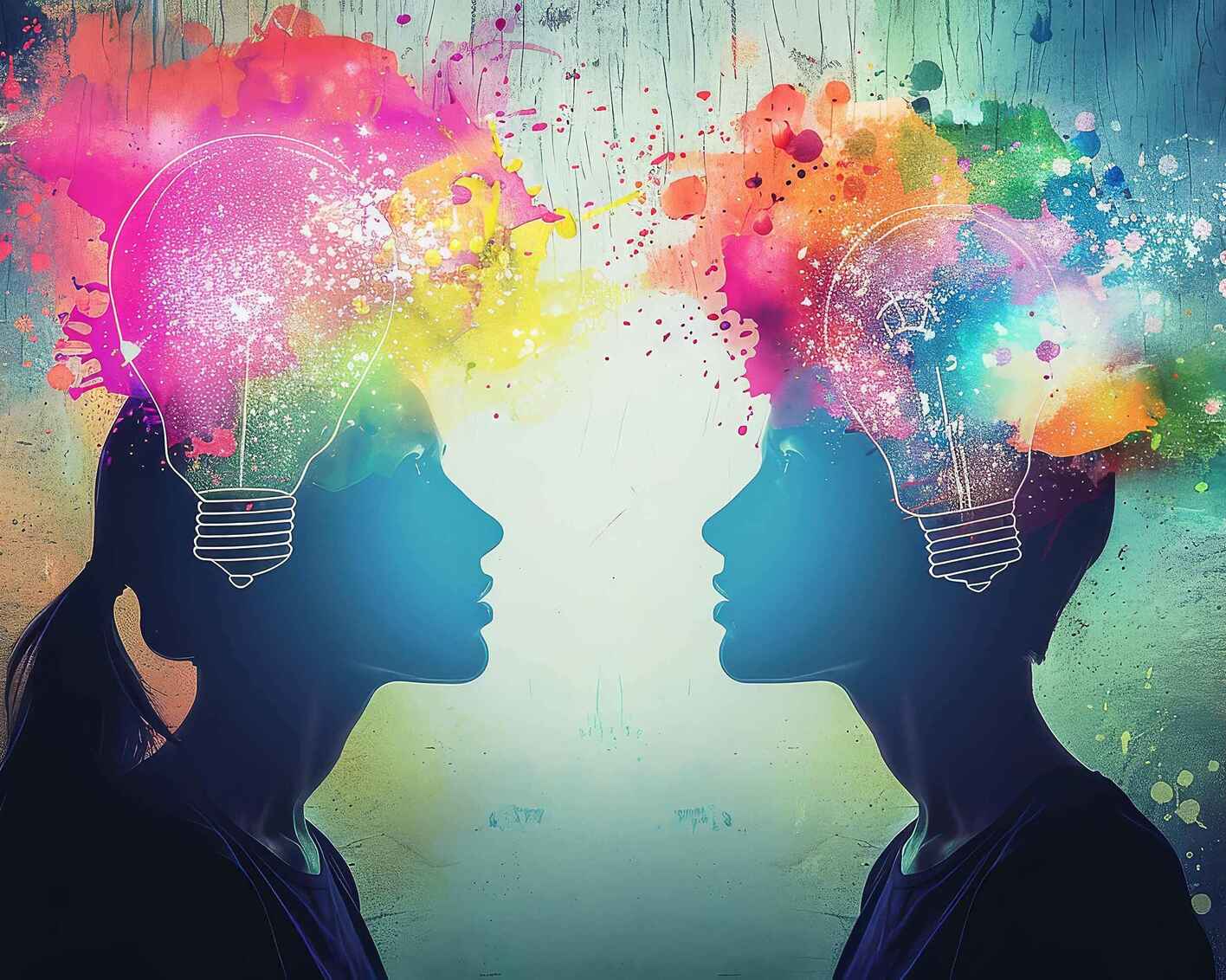 multicolor lightbulbs shown above two people's heads.