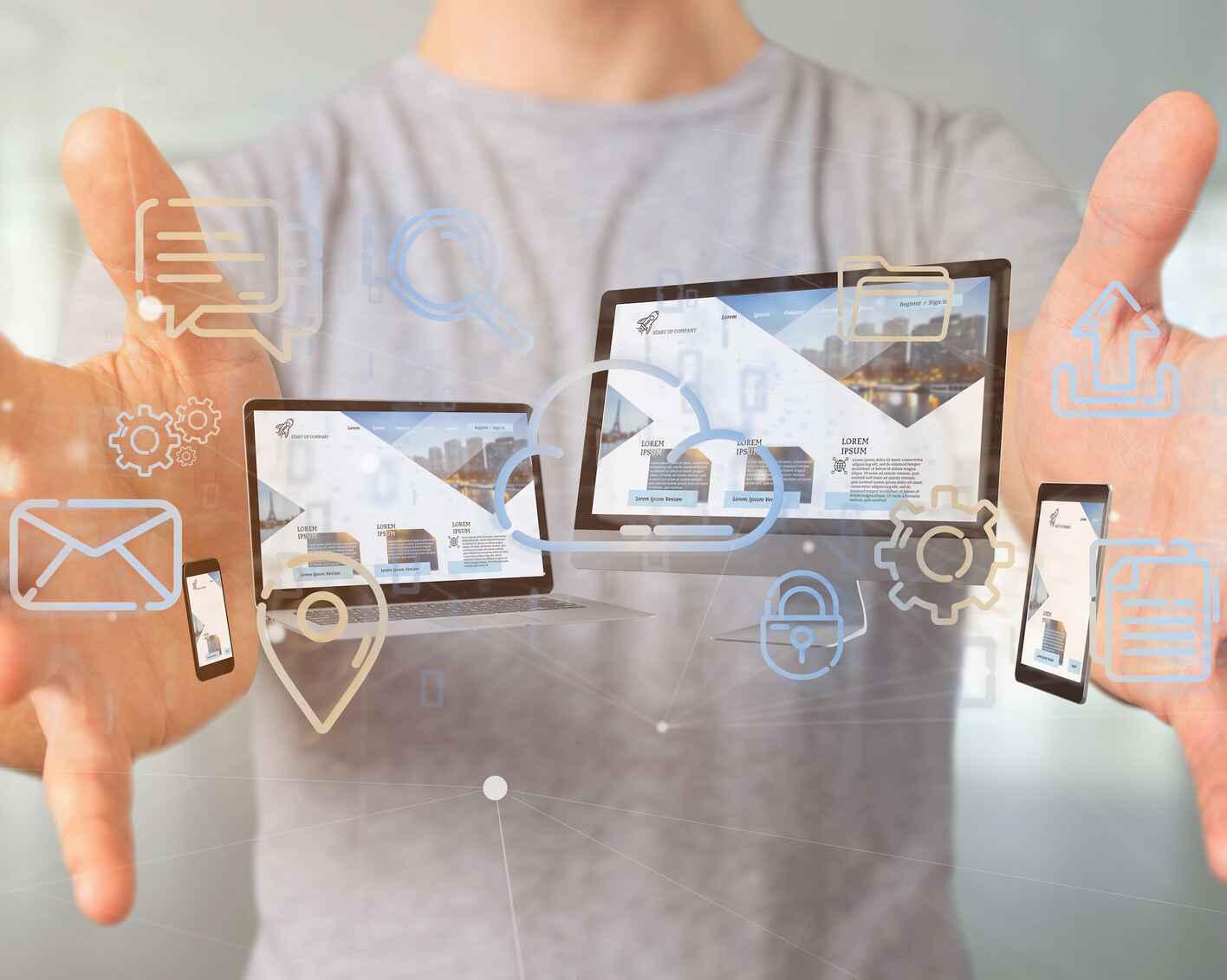 Businessman holding a Devices connected to a cloud multimedia network 3d rendering