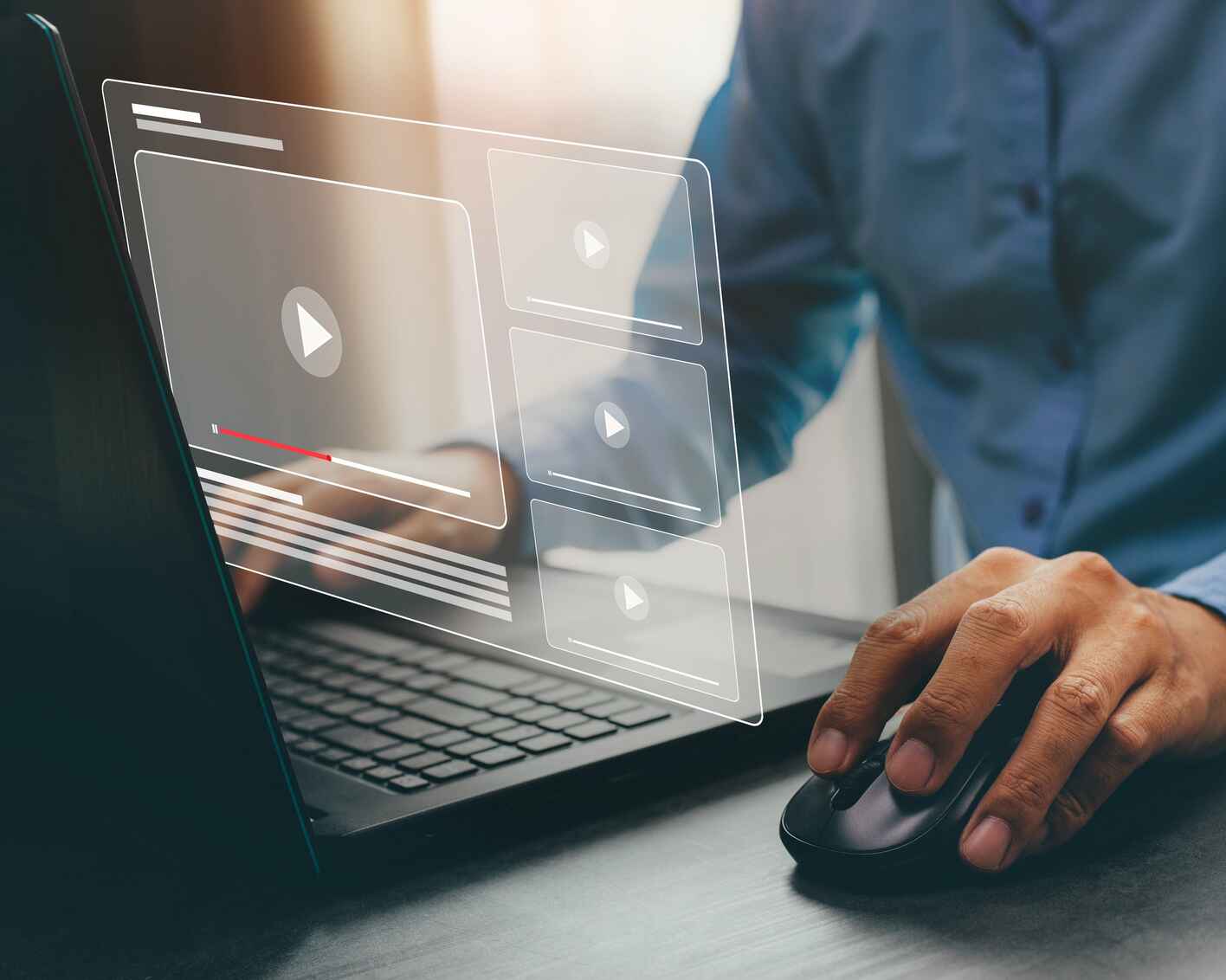 Businessman hands using laptop for streaming online, watching video on internet.