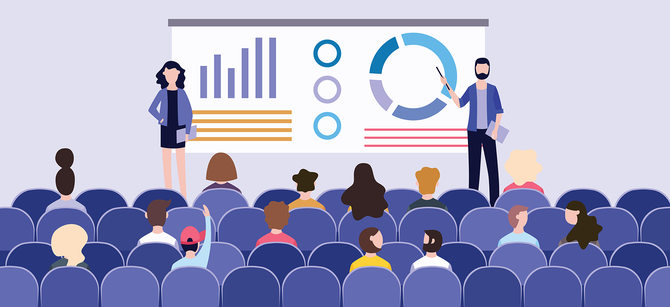 Illustration of two people presenting to a crowded lecture hall
