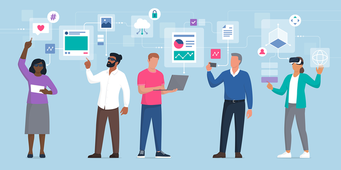 Illustration of a group of people interacting with floating screens