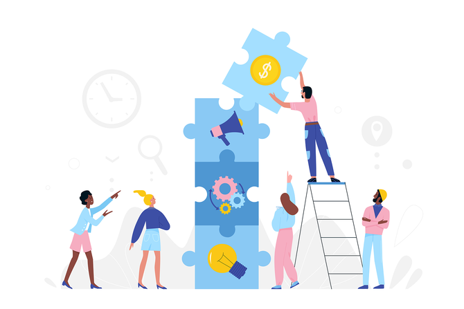 Partner characters collaborate and move pieces of puzzle jigsaw, man standing on ladder flat vector illustration