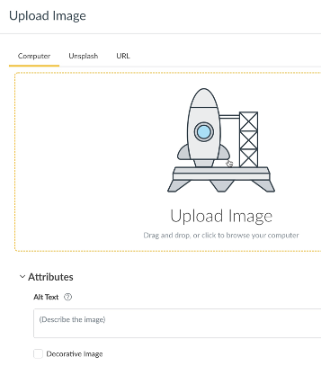 Rich Content Editor upload dialog box. Attributes include alt text or marking the image as decorative.