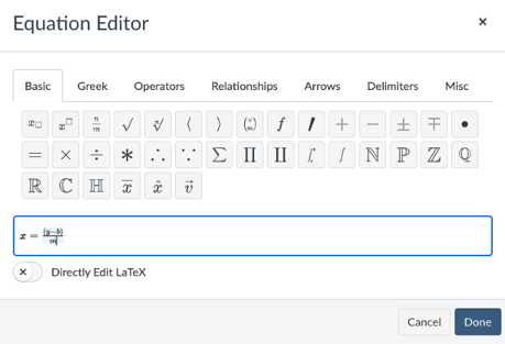 Equation Editor dialog box showing x equals (y minus b) over m.