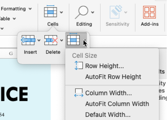 Formatting row and cell height in Excel on a Mac.