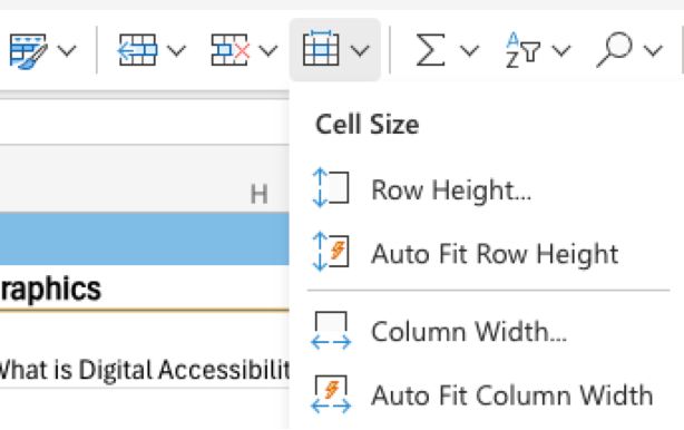 Formatting row and cell height in Excel in Office 365.