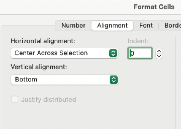 Selecting Center Across Selection for horizontal alignment in an Excel table.