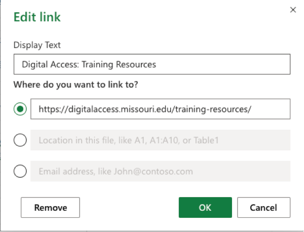 Edit link dialog box options include Display Text and Where do you want to link to: External URL, location in spreadsheet, or email address.