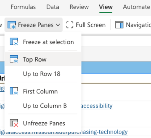 Freeze Panes, Freeze at selection, Top Row, First Column, and Unfreeze Panes.