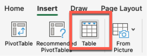 Insert Table menu in Excel.