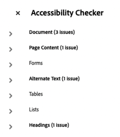 Accessibility check results from a PDF showing 3 document issues, 1 page content issue, 1 alternate text issue, and 1 headings issue.