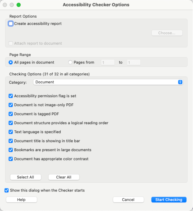Dialog box to begin checking a PDF for accessibility. All default settings are selected