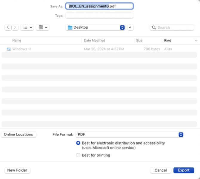 Dialog box for exporting a Word document to PDF on a Mac.